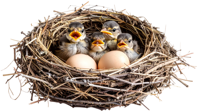 Baby birds hatching from eggs in nest isolated on white background. Png