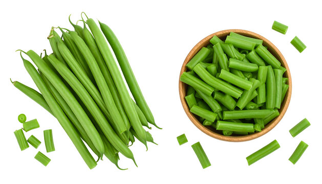 Fresh Green Beans in a Wooden Bowl and Scattered Pieces