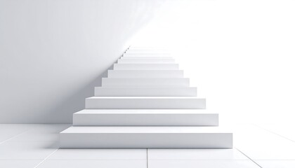 Obraz premium A minimalist image of a stark white staircase leading upwards towards a bright, undefined light source, symbolizing progress and aspiration.
