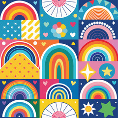 Rainbow vector geometric seamless patterns collection. Set of bright colorful backgrounds with modern minimal labels. Cute abstract geometrical textures. Simple pattern design for babies, kids, decor