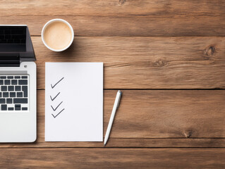 Workspace with laptop, coffee, checklist paper with tick marks, and pen on a wooden desk.