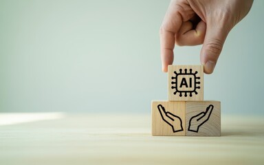AI in safe hands A conceptual shot of care and future technology on wooden cubes for artificial intelligence development.