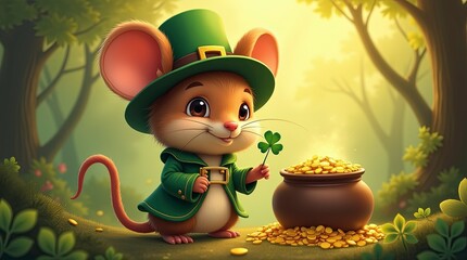 Cheerful cartoon character mouse in Green Hat Sitting on Gold Coins Among Clovers in Enchanted Setting ai generated image