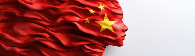 A human head made of the Chinese flag is shown on a white background, with detailed texture and folds of the red cloth.