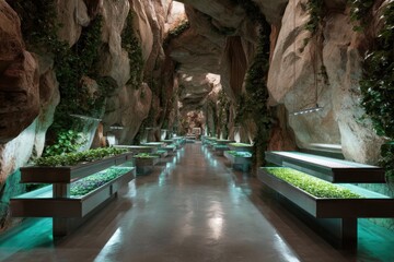 Hydroponic farm in cave growing vegetables under LED lights with rocky surroundings