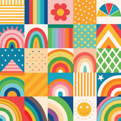 Rainbow vector geometric seamless patterns collection. Set of bright colorful backgrounds with modern minimal labels. Cute abstract geometrical textures. Simple pattern design for babies, kids, decor