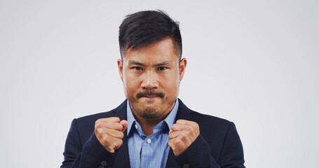Portrait, angry and man in studio, business and financial mistake on white background. Mockup...