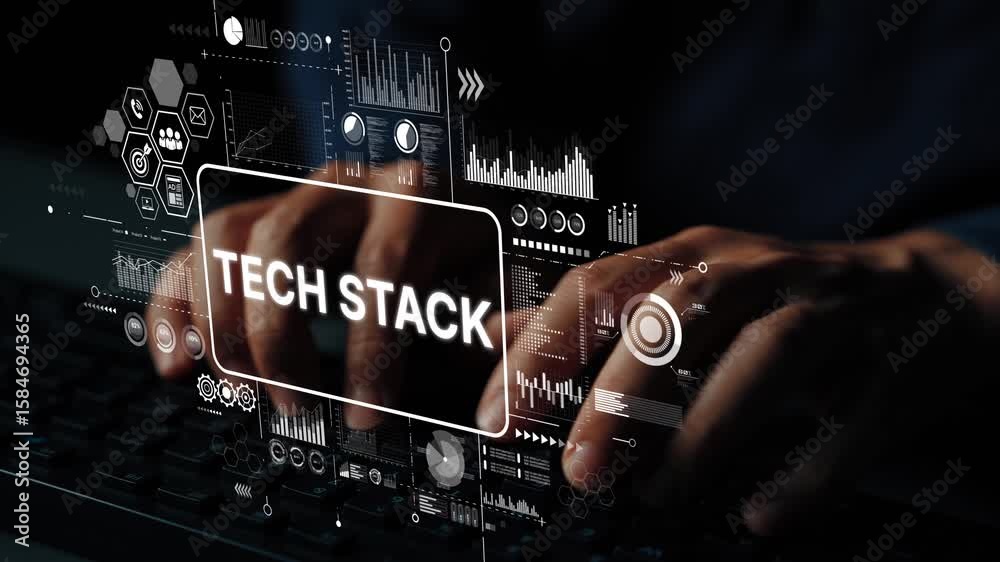 Fototapete Hands Typing on Keyboard with Overlay of Digital Tech Stack Data Visualization in Modern Workspace. Asymptotic smart data analytic.