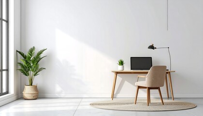 A serene home office scene with a minimalist desk, chair, laptop, lamp, and a potted plant near a large window, bathed in natural light.
