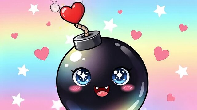 A cute kawaii cartoon bomb character with heart-shaped fuse and big eyes. 