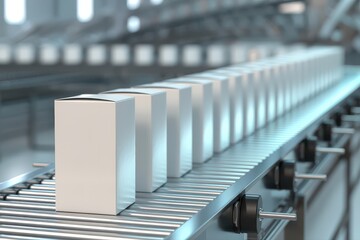 White boxes move along a conveyor belt in a factory