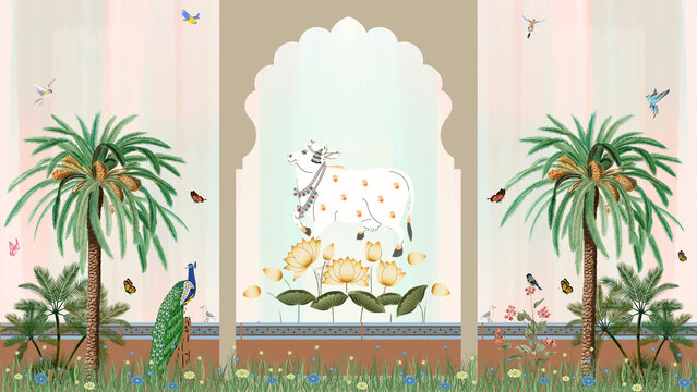 Pichwai cow with arch design peacock and planters - Powered by Adobe