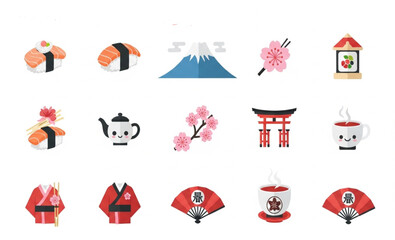 Japanese Food, Mount Fuji, and Cultural Icons Flat Vector Set | Cute Kawaii Style Icons for Travel, Tourism and Restaurant Marketing