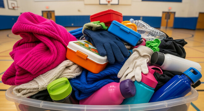 Colorful Lost and Found Bin Overflowing with Forgotten Items in School Gym