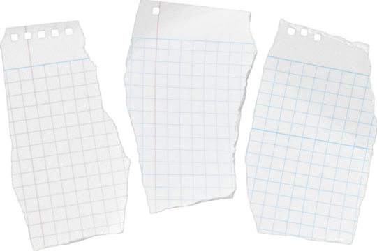 Three torn pieces of graph paper with punched holes isolated on transparent background