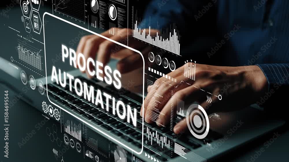 Fototapete Close-Up of Hands Typing on Keyboard with Digital Screen Displaying Process Automation Graphics and Data Visualizations. Asymptotic smart data analytic.
