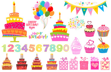 Colorful Birthday Set isolated on white background. Set of simple and cute items for design. Vector illustration 