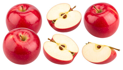 Fresh Red Apple Whole and Sliced Display Against White Background