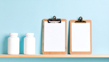 Clipboard and pill bottles on a wooden shelf. Light blue background.