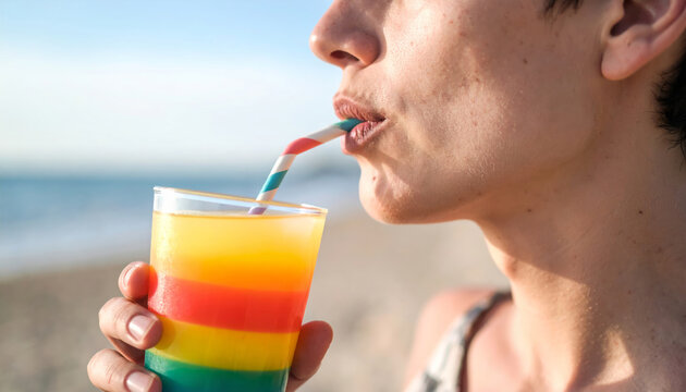 Persona bebiendo jugo de colores vibrantes con pajilla azul sobre fondo de playa, escena brillante que combina frescura, verano y disfrute visual
