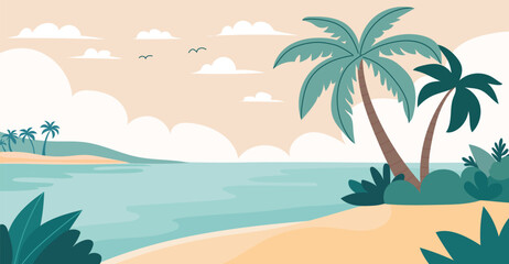 Tropical Landscape. Summer Beach Scene Banner. Flat Vector Art.