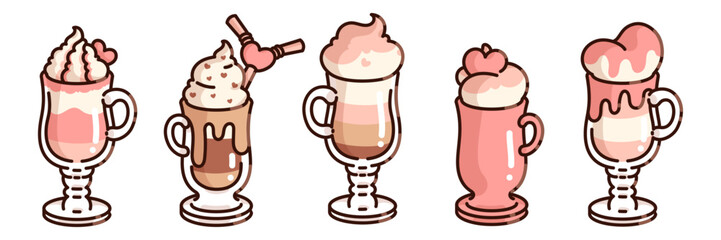 Valentine Day coffee cups set - pink beverages with whipped cream, chocolate drinks topped with heart decorations and couple straw, layered lattes. Romantic cafe collection with love themed mugs.