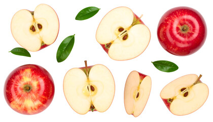 Freshly Sliced Red Apples with Green Leaves, Isolated on White