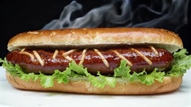 there is a hot dog with ketchup and lettuce on a bun