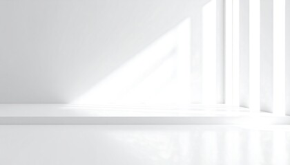 Minimalist white interior space with sunlight.