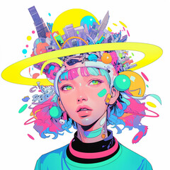 頭が宇宙と都市の女の子