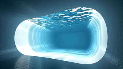 Futuristic, illuminated tunnel with smooth, rounded edges and glowing blue light, creating sleek and modern appearance. tunnel appears to be made of transparent or semi transparent material