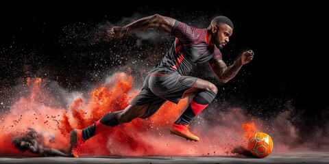 A football player sprints forward with explosive power and focus