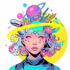 頭が宇宙と都市の女の子