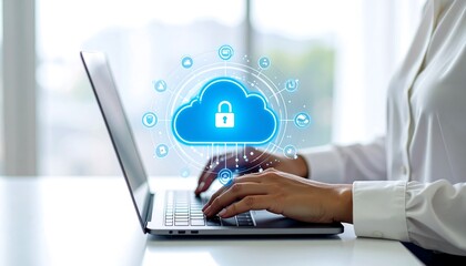 Person typing on a laptop, with a prominent blue cloud icon and security padlock, representing cloud computing and data protection.
