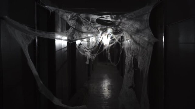 Cobwebs covering hallway in dark abandoned building, movement into shadow creates tension, horror atmosphere filled with fear, nightmares, suspense and Halloween inspiration.