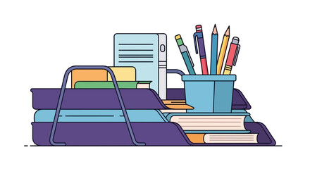 Organized Office Desk Supplies with Pens Pencils and Paper.