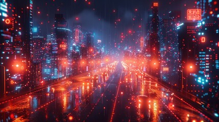 Obraz premium Futuristic Neon Cityscape at Night with Digital Rain