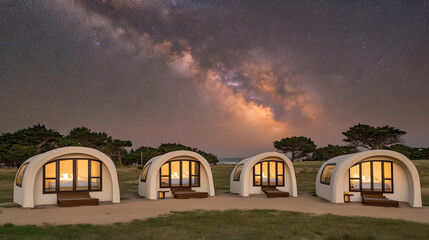 Unique Glamping Pods in Nature, Coastal Area, Photography, Serene Environment, Wide-Angle View, Relaxation Concept