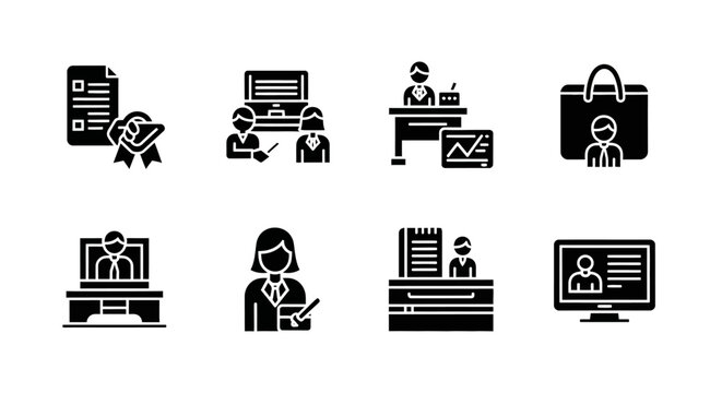 Business and Office Icons Representing Various Professional Activities.