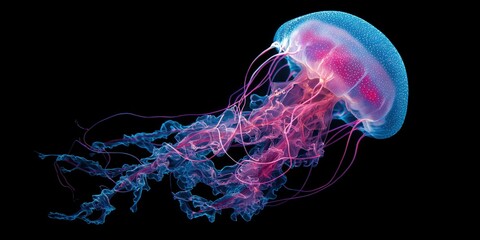 a jellyfish swimming in black water, neon bioluminescent glow of pink and blue colors, soft trailing tentacles,