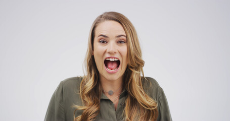 Portrait, screaming and woman with shock, studio or expression for announcement or white...