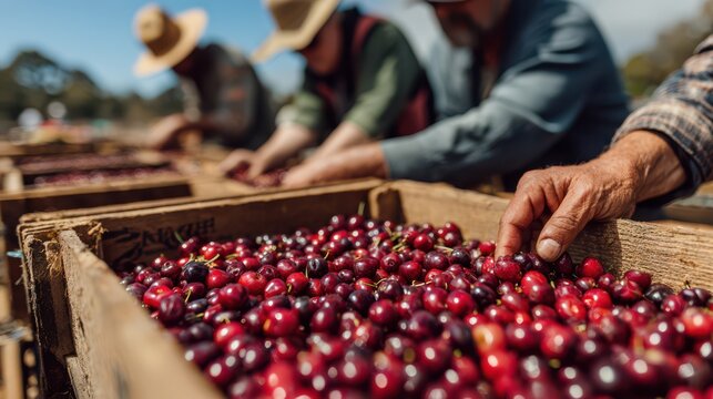Workers sorting and harvesting ripe red cherries by hand in wooden crates at a sunny outdoor farm, representing traditional agriculture, manual labor, and fresh fruit production in rural settings.