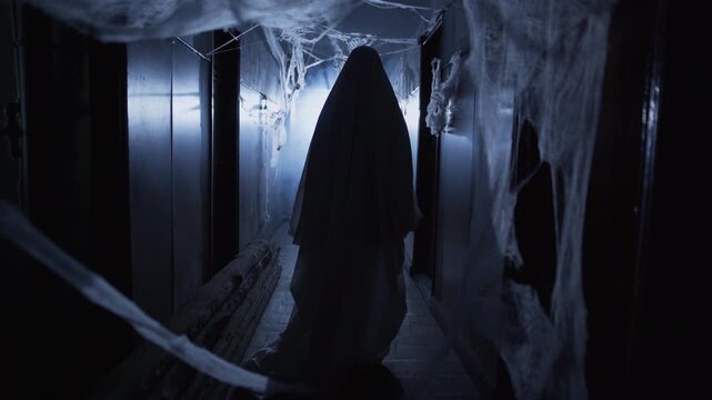 Ghost roaming corridor at night in darkness, horror film atmosphere expressing nightmare, fear, tension and haunted emotion in spooky abandoned place, creepy Halloween