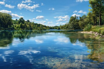 Scenic lake view featuring tranquil water reflections and lush green trees under a bright blue sky landscape