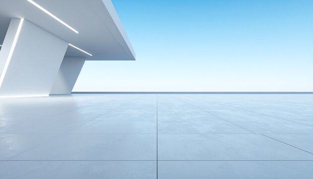 A minimalist architectural scene featuring a sleek, modern structure with a clear sky and expansive floor space