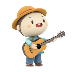 A 3D character of a cheerful musician holding a guitar, smiling warmly, with a lively and energetic pose,