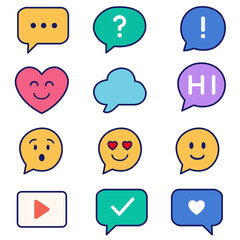 Cute speech bubbles and emoji icon set for chat apps and social media. Easy to use for content creation, stickers and communication design.