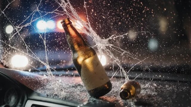 Beer bottle smashes through a car windshield with police lights