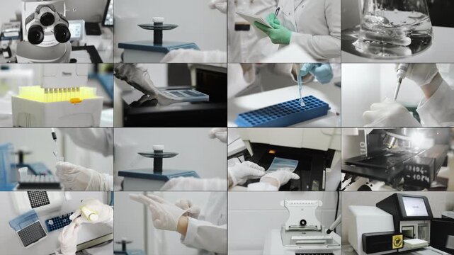 Laboratory workflow collage for medical diagnostics testing biotechnology and research.