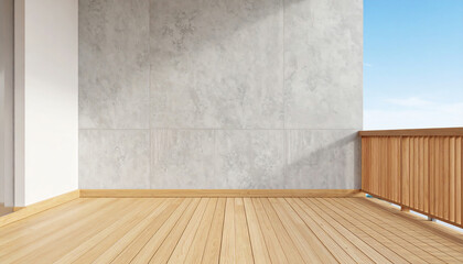 A modern balcony with a polished wooden floor and a sleek concrete wall, offering a serene view under a clear blue sky